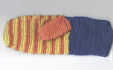 Mitten from Eura. Colors red, yellow and blue.