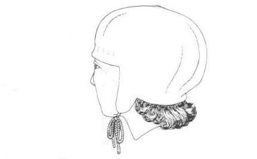 Drawing of female hat made by nålebinding  technique.